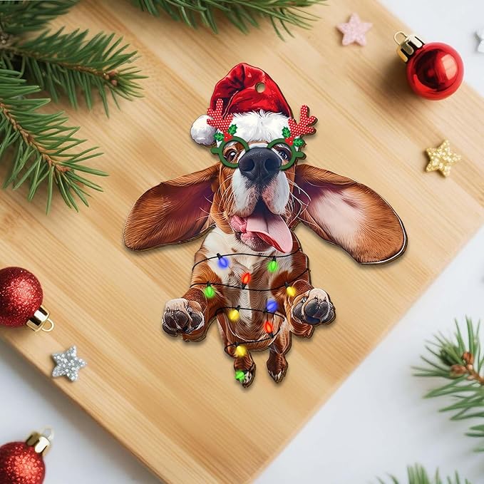 Basset Hound Christmas Tree Keepsake Ornaments, Funny Dogs Themed 2 Side Printed Flat Wooden Ornament, Xmas Hanging Decor
