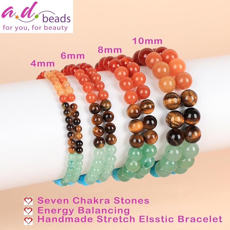 AD Beads Handmade Gemstone Stretch Elastic Bracelet Crystal Healing Reiki Nature's Beauty and Spiritual Essence Unisex (8mm, Seven Chakra Stones (Energy Balancing))