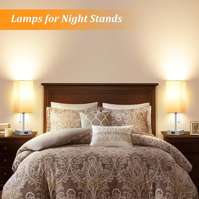 Dott Arts Touch Control Bedside Lamp, 3 Way Dimmable Nightstand Lamp with 2 USB Ports & AC Outlet, Modern Style, White Fabric Shade