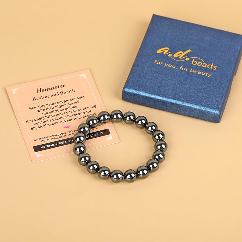 AD Beads Handmade Gemstone Stretch Elastic Bracelet Crystal Healing Reiki Nature's Beauty and Spiritual Essence Unisex (4mm, Hematite (Healing and Health))