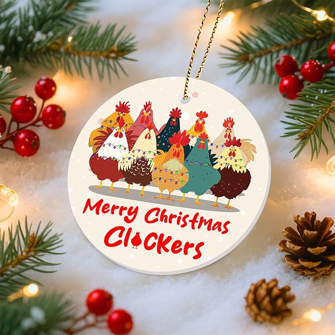 34HD Chicken, Merry Chrismas Ornaments 2025 Ceramic 2-Side Printed, Funny Farm Ornaments for Christmas Tree, Rooster Gifts for Woman Men