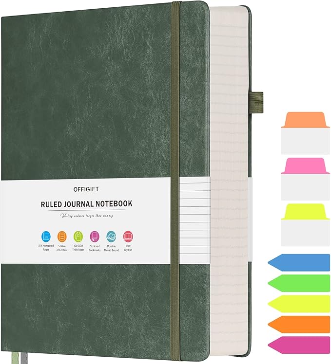 Lined Journal Notebook, Large A5 College Ruled Notebook, 312 Numbered Pages Work Notebook with Index Stickers, 100gsm Thick Paper, Hardcover Vegan Leather Journal for Women Men School Office, Green