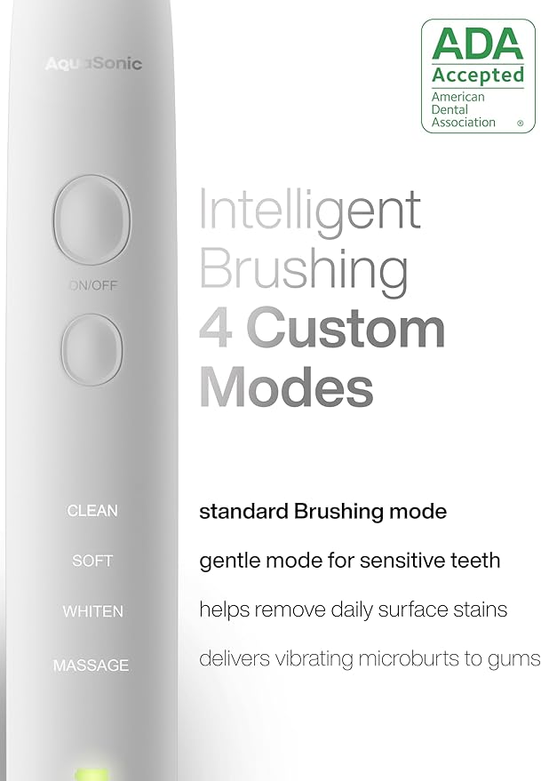 Aquasonic Vibe Series Ultra-Whitening Toothbrush – ADA Accepted Electric Toothbrush - 8 Brush Heads & Travel Case – 40,000 VPM Motor & Wireless Charging - 4 Modes w Smart Timer – Optic White