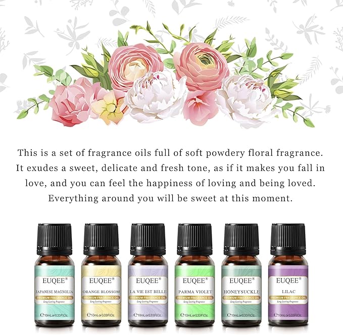 EUQEE Premium Floral Fragrance Oils Set 6PCS Fragrance Oils Set for Diffuser, DIY Candle - Honeysuckle, Lilac, Japanese Magnolia, Violet, Orange Blossom (10ml)