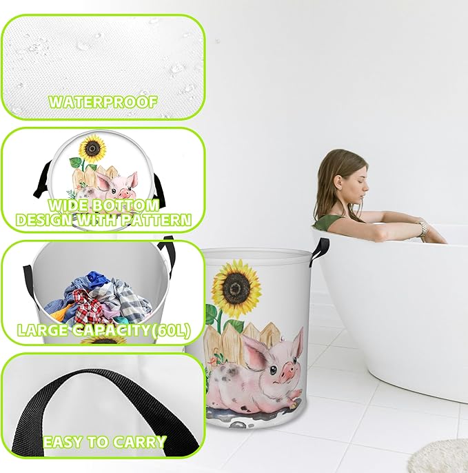 Laundry Basket Cute Pig with Sunflower Laundry Hamper Large Laundry Basket Storage Basket Tote Bag Collapsible Organizer Basket for Bathroom,Laundry,Bedroom 17.3 x16.5 Inch