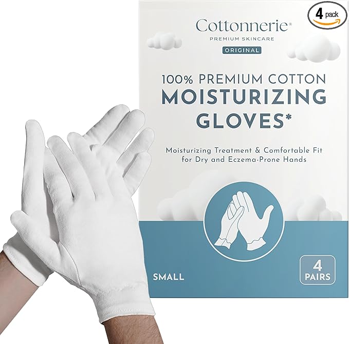Cottonnerie Original Cotton Gloves for Dry Hands Sleeping, Moisturizing Gloves Overnight, Hand Moisturizer Gloves, Moisture Gloves for Dry Hands Overnight, Sleeping Gloves, Small 4 Pairs