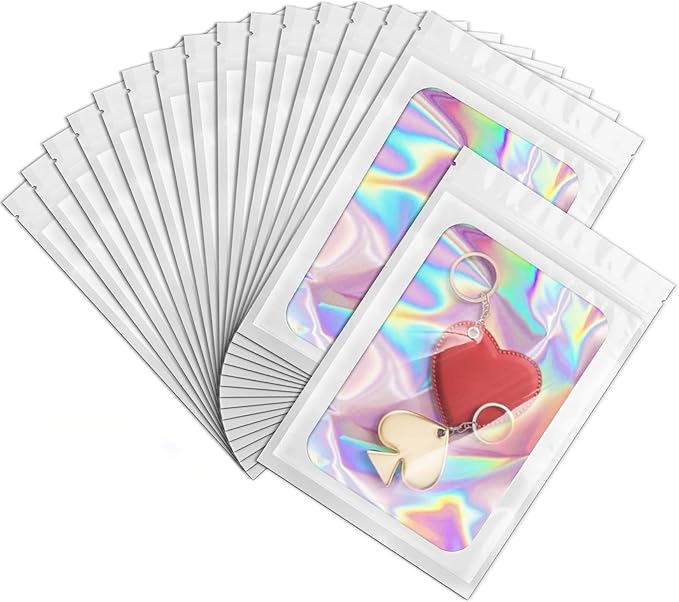 ANZNKU 100 Pcs Smell Proof Mylar Resealable Bags, Holographic Packaging Bags, Resealable Odor Foil Pouch Zip Bag with Clear Window for Food Storage and Lipgloss, Jewelry Lash (White, 5.5 x 7.9 Inch)