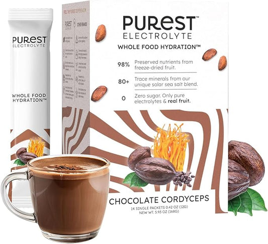 Know Brainer Purest Electrolyte Chocolate Cordyceps Powder Packets – Whole Food Hydration - Fermented Cacao and Solar Sea Salts for Ultimate Electrolyte Balance