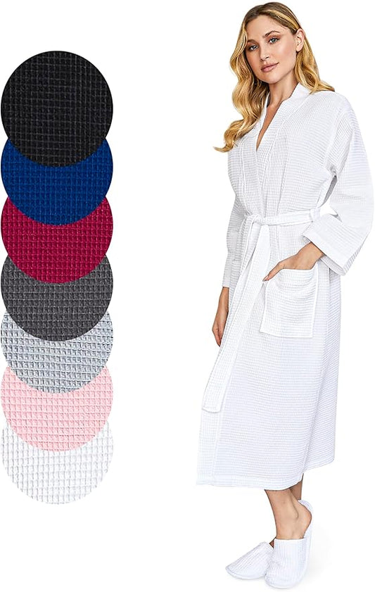 Lotus Linen Waffle Robes for Women - Lightweight Cotton Kimono Bathrobe - Long Soft Spa Bath Robe
