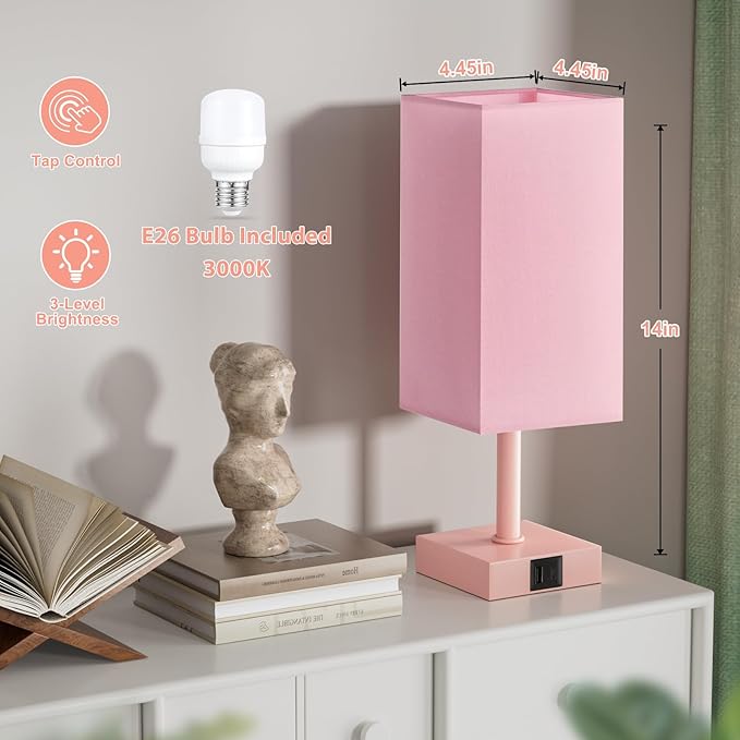 Ambimall Touch Control Table Lamp with USB A+C Charging Ports - 3 Way Touch Lamps Bedside, Nightstand Lamp for Bedrooms, LED Bulb Included(Pink Shade & Pink Base)
