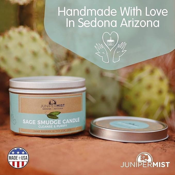 Sage Smudge Candle with White Sage Leaf (6oz) Manifest & Cleanse - Pure Sage Energy Cleansing Candle for Meditation – Spiritual for Protection & Intention – Soy Wax - Made in USA