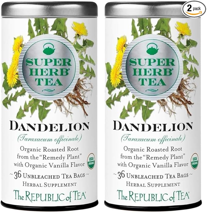 The Republic of Tea — Organic Dandelion SuperHerb Tea Tin, 36 Herbal Tea Bags, Naturally Caffeine-Free (Pack of 2)