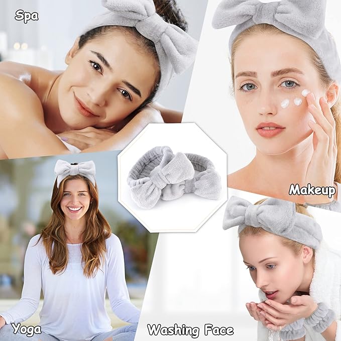 Casoty 8 Pcs Grey Spa Hair Bands for Women, Bow Fleece Headbands for Makeup, Shower, Yoga, and Skincare