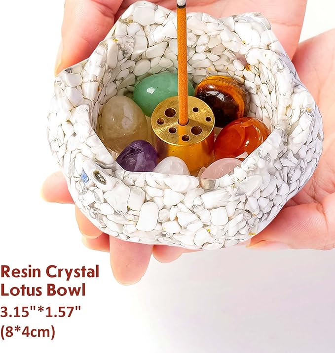 Incense Burner Resin Crystal Lotus Flower Incense Holder for Inserting Incense Removable Ash Collector for Meditation Room and Home Decor (White Turquoise, 3.15")