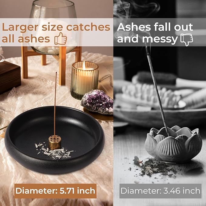 Incense Holder for Sticks, Sage, Coil Incense, Incense Stick Holder 5.71" for Yoga Meditation Energy Cleansing, Ceramic Incense Burner Holder with 9 Holes, Ash Catcher, Smudge Bowl (Black)