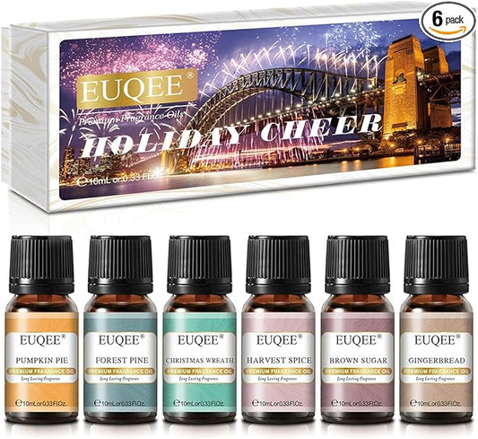 EUQEE Holiday Cheer Premium Fragrance Oils Set of 6 - Forest Pine, Christmas Wreath, Brown Sugar, Harvest Spice, Gingerbread, Pumpkin Pie - Scented Oils for Diffuser, Candle Making (10ml)