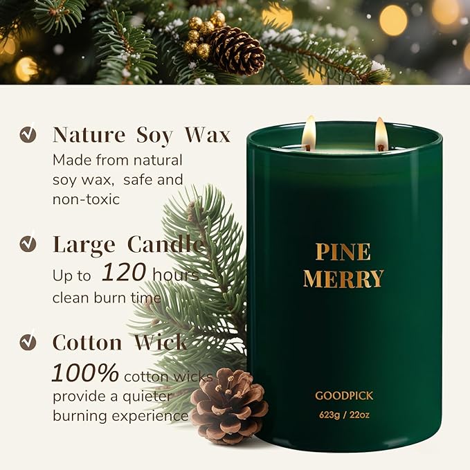 Goodpick Pine Merry Scented Candle, Soy Wax 22oz 120H Long Burning, Festive Pine Forest with Cedar & Juniper, Holiday Home Aromatherapy Candles