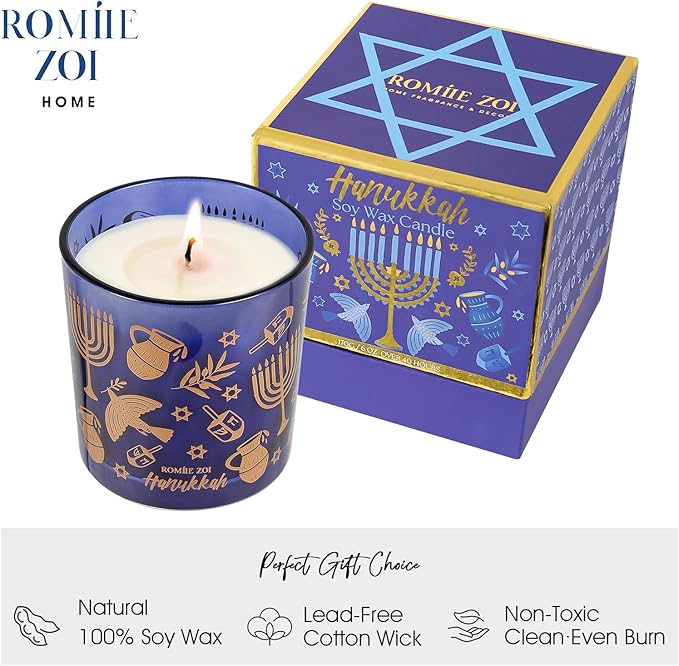 ROMIIE ZOI Hanukkah Scent Candle - 6oz Soy Wax Candle - Infused with Sandalwood & Bergamot Aroma - Royal Blue Gift Box