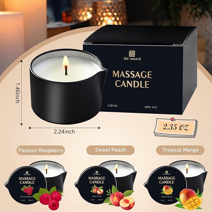 3 Pack Soy Massage Oil Candles 2.35oz Low Temp Massage Candles 3 Scent Spa Therapy Body Oil Home Gift for Relaxation, Couples, or Self-Care (Sweet Peach, Passion Raspberry, Tropical Mango)