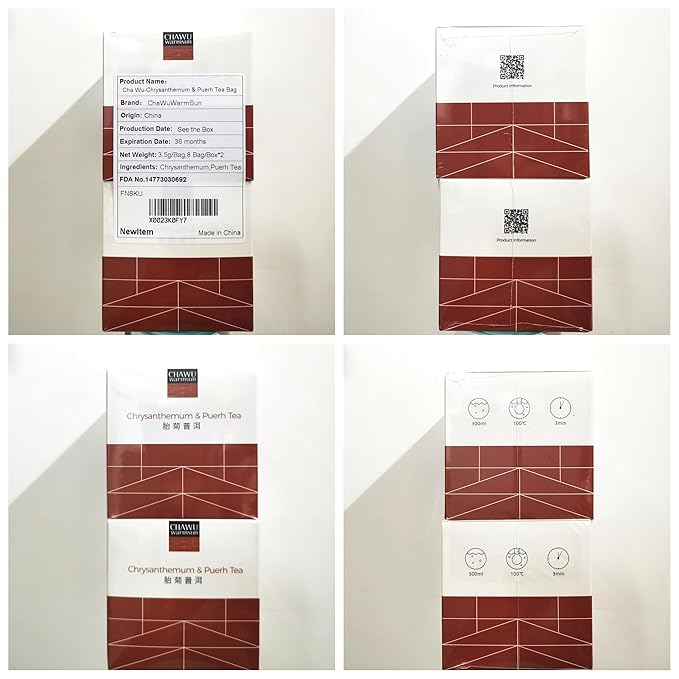 ChaWuWarmSun Chrysanthemum & Puerh Tea Bags,16 Tea bags,8 Count/Box(Pack of 2),Natural Chrysanthemum Tea Buds with Royal Puerh Tea Loose Leaf
