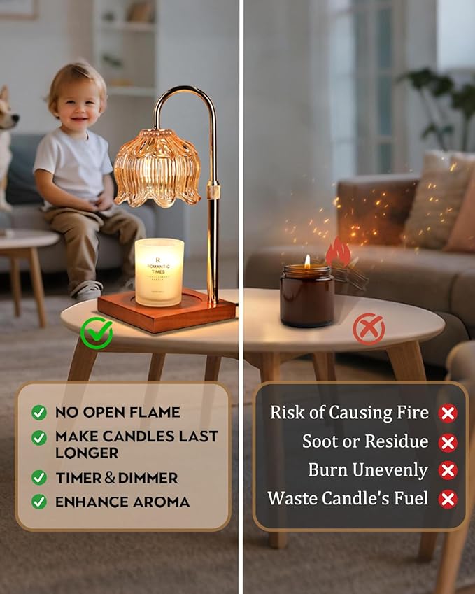Candle Warmer Lamp with Timer Dimmable, Height Adjustable Birthday Gifts for Women Mom House Warming, Home Decor, Lotus Flower Candle Lamp Warmer 2 Bulbs Inc (Amber)