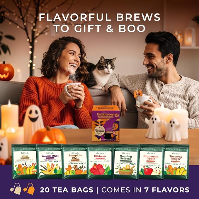 Gya Tea Co Halloween Assorted Tea Bags Variety Pack - 20 Bags 7 Seasonal Flavors - Caffeinated & Caffeine Free Holiday Tea Sampler Gift Set Box - Easy Brew, Natural Ingredients, Enjoy Hot or Iced