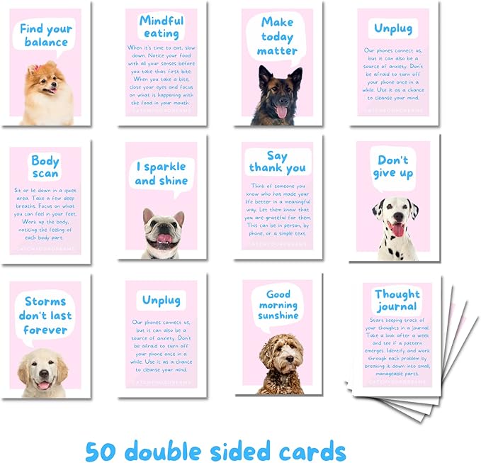 CATCHYOURDREAMS Dogs Against Anxiety Cards - 50 Cards For Self Esteem and Stress, Affirmations for Anxiety Emotions Tarot Self Therapy (Dogs Against Anxiety)