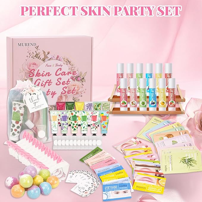 120 PCS Spa Party Supplies for Girls, Sleepover Party Supplies for Girls, Skincare Set, Include Face & Lip Masks, Foot Bath Bombs, Hand Cream, Lip Balm, Under Eye Patches, Spa Birthday Party Favors