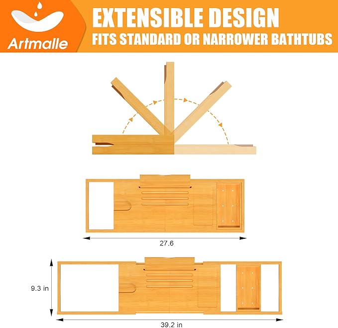 Artmalle Foldable Bathtub Tray for Tub, Bamboo Bathtub Caddy Tray Table with Book Stand for Luxury Bath, Bathroom Accessories for Women Men with Free Soap Dish (Semi-Simple, Natural) (Natural)