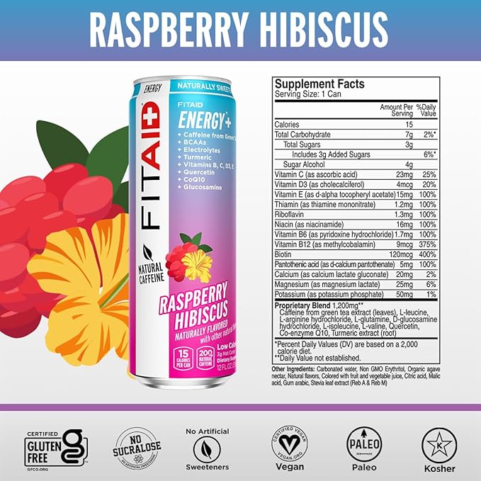 FITAID ENERGY, 200mg Natural Caffeine, Keto, Raspberry Hibiscus, Optimum Performance Formula: BCAAs, Quercetin, Electrolytes, Omega-3s, 15 calories, Paleo, Vegan & GlutenFree, 12 Fl Oz (Pack of 12)