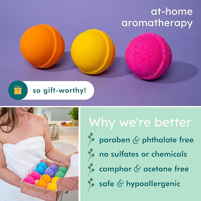 Anovina Natural Bath Bomb Gift Set for Women – Clean Luxury Bathbombs with Essential Oils – Non-Toxic Organic Bath Bombs for Relaxation – All Natural Bath Spa Gifts for Women