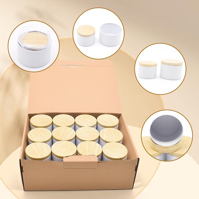 48-Pack Candle Jars, 24pcs 8oz + 24pcs 4oz Candle tins with Metal Wood-Grain Printing Lids, Empty Candle Jars for Making Candles Bulk Candle Containers-White