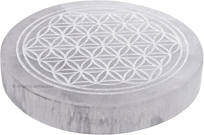Amazing Gemstone Selenite Crystal Charging Plate For Crystals And Healing Stones, 3" Selenite Crystal Plate Engraved Flower of Life Coaster For Home, Office Table Decor (Selenite Round Disc)