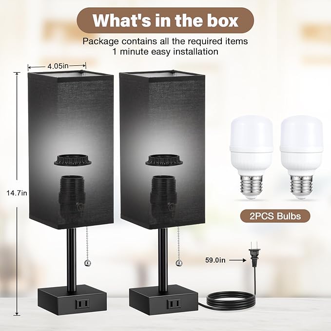 Fenmzee Black Table Lamps for Bedroom Set of 2 - Nightstand Lamp with AC Outlet Charging Port, 3 Color Temperatures Desk Light with Bulb, Small Tabletop Reading Lamp for Living Room/Dorm/Office