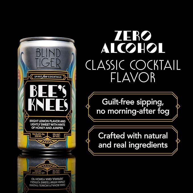 Blind Tiger Bee’s Knees 4-pack - Bright Lemon and Rich Honey Flavor - Premium Award-Winning Non-Alcoholic Mixer - Crafted by Mixologists - All-Natural Ingredients - Roaring '20s Flair - 8.4oz Per Can