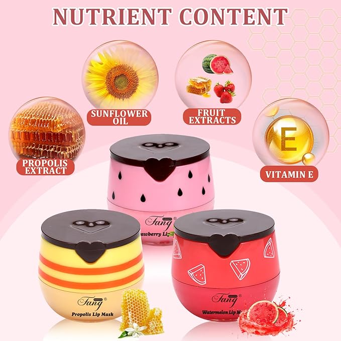 3 Pcs Bee Balm,Honey Strawberry Watermelon Bee Lip Balm Honey Pot,Moisturizing Lip Mask Overnight,Hydrate Repair Prevent Dry Cracked Lip Care (Honey+Strawberry+Watermelon)