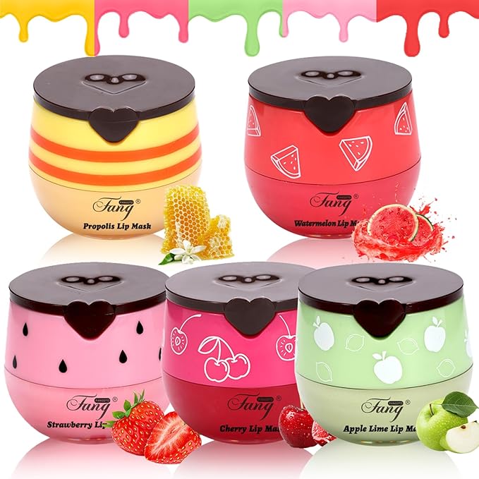 5 Pcs Bee Balm,Honey Strawberry Watermelon Bee Lip Balm Honey Pot,Moisturizing Lip Mask Overnight,Hydrate Repair Prevent Dry Cracked Lip Care (Honey+Strawberry+Watermelon+Apple Lime+Cherry)