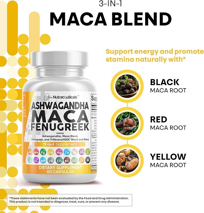 Clean Nutraceuticals Ashwagandha Maca Root Fenugreek Supplement with Tongkat Ali Ginseng - Assists with Stress, Mood & Thyroid - Ashwagandha Capsules Fenugreek Caps - 1 Pack