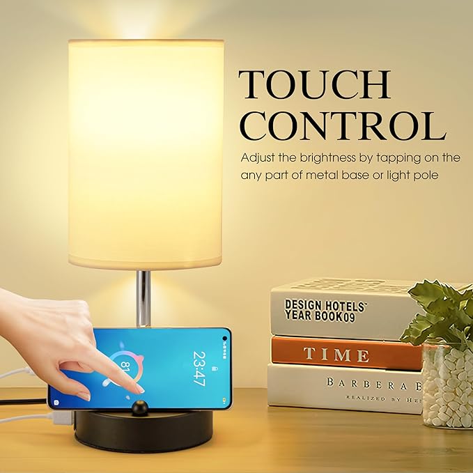 Briever Touch Control Table Lamp for Bedroom, 3-Way Dimmable Nightstand Lamp with USB USB A+C Charging Ports, Bedside Desk Lamp with Phone Stand & Linen Fabric Shade for Livingroom, Bulb Included
