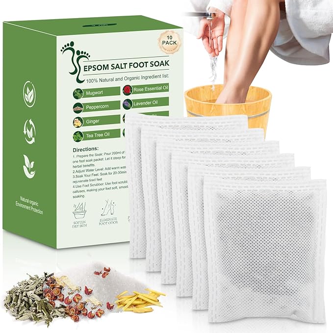 Epsom Salt Foot Soak, 10Pack Tea Tree Oil and Lavender Oil Epsom Salts for Soaking, Dead Sea Salt Spa Pedicure Care Softens Thick Calluses & Corns, Athletes Foot, with feet scrubber