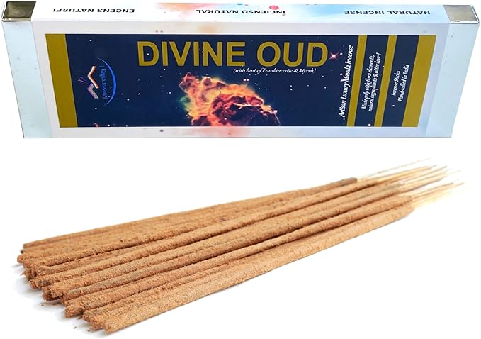 Divine Oud (Agarwood) Incense Sticks - Artisan Luxury Masala Incense - Agarwood with hint of Frankincense and Myrrh - Handcrafted - Divine Scent for Home, Meditation & Aromatherapy