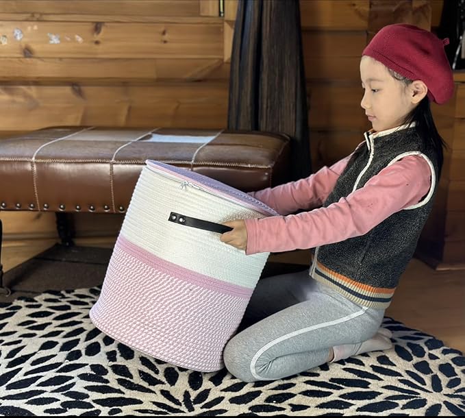 Cotton rope Storage Basket with Zipper cover & Woven baskets with Lid easy to move Multi-Purpose Storage Basket for Living Room, 13 x14 inches(Pink+White)