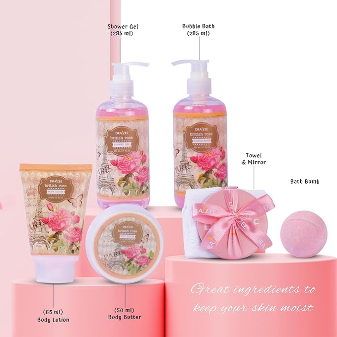 Luxury Spa Gifts for Women – 8 Pc Rose Scented Bath and Body Set with Bubble Bath, Lotion & More – Luxury Self Care Kit for Wife, Mom, Girlfriend, Birthday Gifts for Women by Draizee