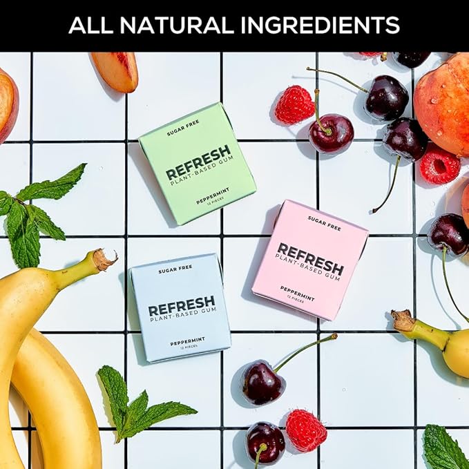 Refresh Gum, Xylitol, Natural, Sugar Free, Plastic Free, Natural Flavors & Organic Ingredients, Plant-Based, Non GMO, Peppermint, Garden Mint & Raspberry Variety Pack, 12 Pcs, 6 Pack