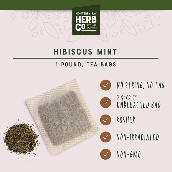Monterey Bay Herb Co. Hibiscus Mint Herbal Tea Bags | 200 Count | Caffeine-Free | Bulk Loose Tea in Unbleached Bags | Refreshing Berry & Mint Flavor | Rich in Vitamin C