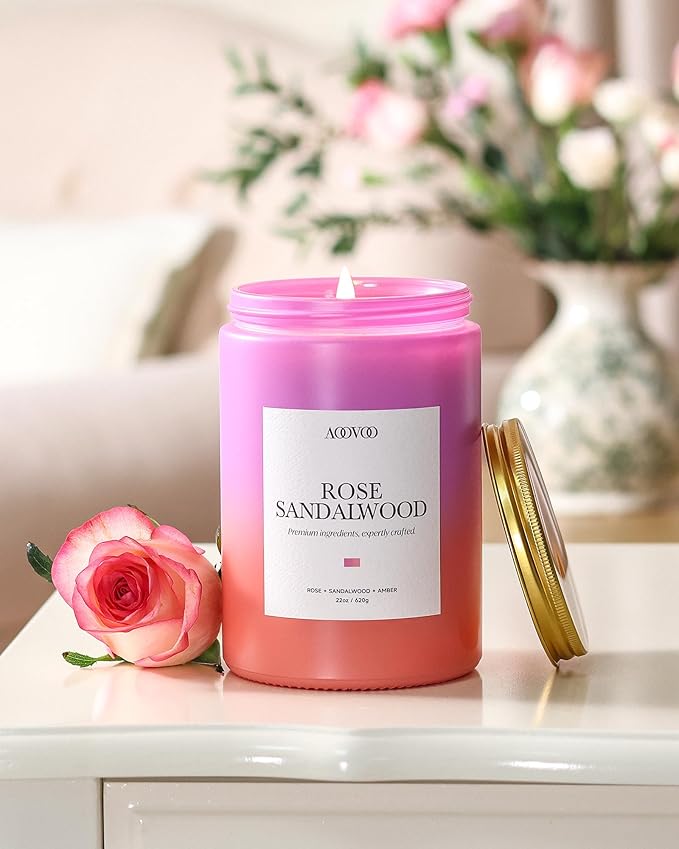 AOOVOO Rose Sandalwood Candles - Scented Candle Gift for Women, 22 oz Large Soy Candle, 120 Hours Burn, Jar Candle for Home Scented, Relaxing, Stress Relief Candles