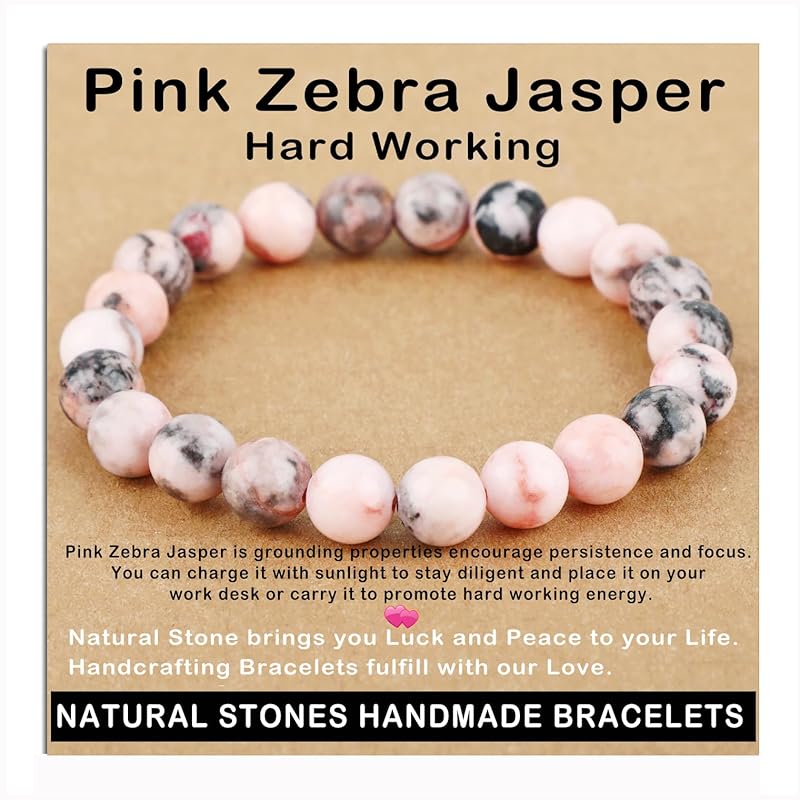 AD Beads Handmade Gemstone Stretch Elastic Bracelet Crystal Healing Reiki Nature's Beauty and Spiritual Essence Unisex (8mm, Pink Zebra Jasper (Hard Working))