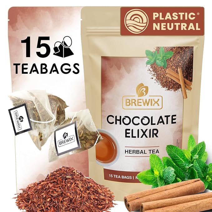 BREWIX, Chocolate Rooibos Herbal Tea (15 Pyramid Tea Bags) | Rich Red Tea with Cocoa, Cinnamon & Mint | Naturally Caffeine-Free | Dessert-Inspired Wellness Blend | Soothing Red Tea for Evening Comfort