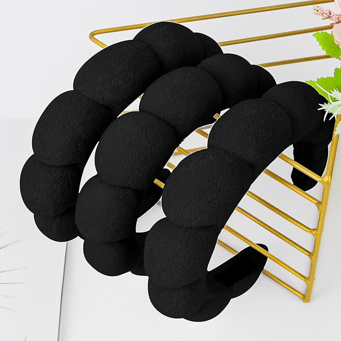 WHAVEL 3 Pack Spa Headband Skincare Headbands, Makeup Headband Sponge Terry Cloth Headbands Face Wash Headband Puffy Hair Band for Washing Face Women Girls (Black)