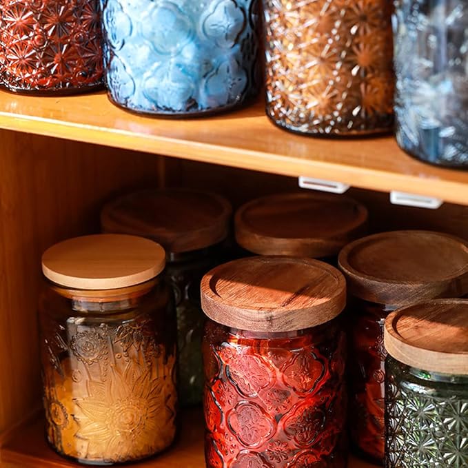 ANSQU Set of 4 Vintage Glass Storage Jars, 23.7oz Glass Coffee Canisters Decoraitve Mason Jars Sugar Containers with Airtight Wooden Lids for Kitchen Pantry, Cookie Jars (Sunflower)